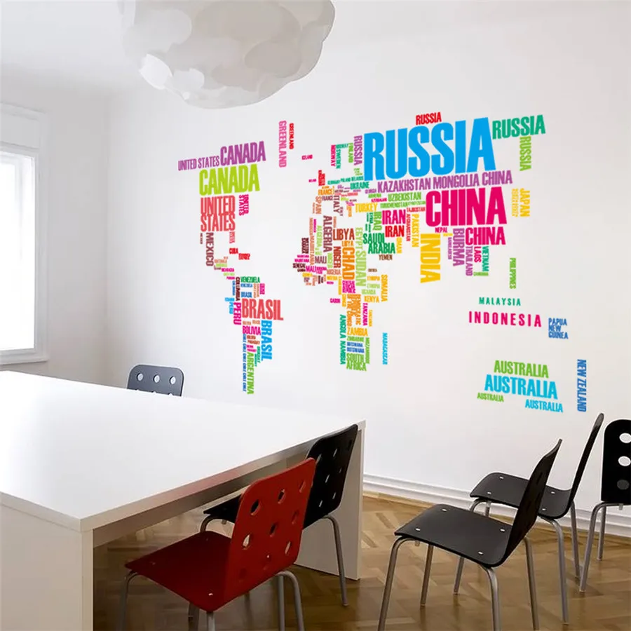 Большой размер, 190*160 см/75*45,5 дюймов, Карта мира, наклейки на стену, название страны, английские буквы, смешная наклейка для украшения дома, офиса