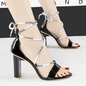

2019 summer new open toe cross word strap sandals thick with high heel women's shoes