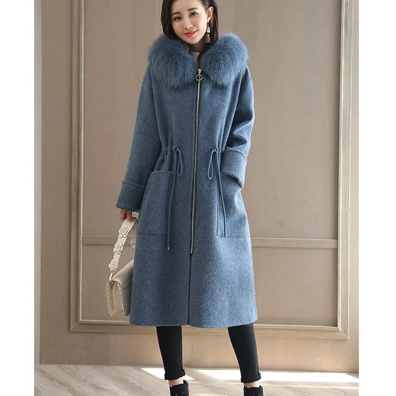 Automne Bleu Lacets Supérieure Laine Longs Qualité 2018 Nouveau En De À Hiver Coupe Manteaux Cachemire Vêtements Col Manteau Lâche Femmes Fourrure Capuche 1qT7pw