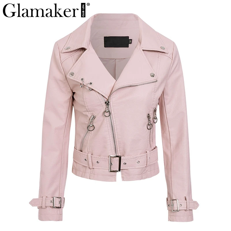 

Glamaker Pu leather zippers basic jacket coat Women long sleeve genuine leather coat Female pink summer modis outwear streetwear