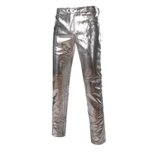Мотоциклетные джинсы с боковой молнией; стильные золотистые Серебристые Брюки металлик; повседневные мотоциклетные Блестящие Брюки из искусственной кожи для певцов