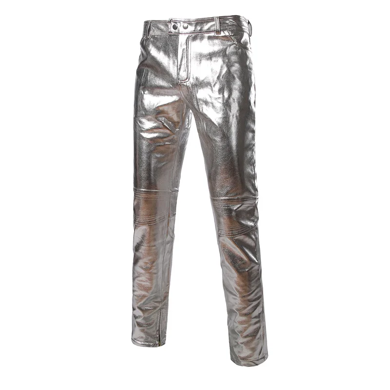 

Side Zipper Design Moto Jeans Style Metallic Gold Silver Trousers Casual Motorcycle PU Leather Shiny Pants for Singers Dancers