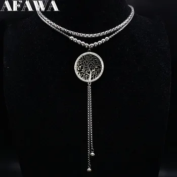 

Tree of Life Stainless Steel Charms Necklace Women Silver Color Double Layer Tassel Necklaces Crystal Jewellery collares N25S01