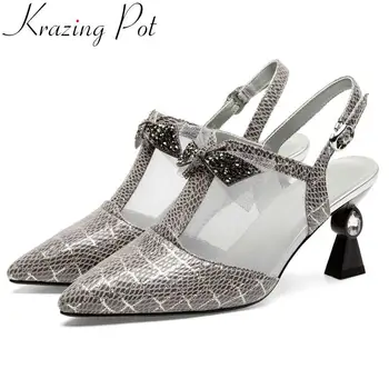 

Krazing pot special snekeskin grain sheep leather mesh high heels buckle strap pointed toe slingback pumps plus size shoes L27