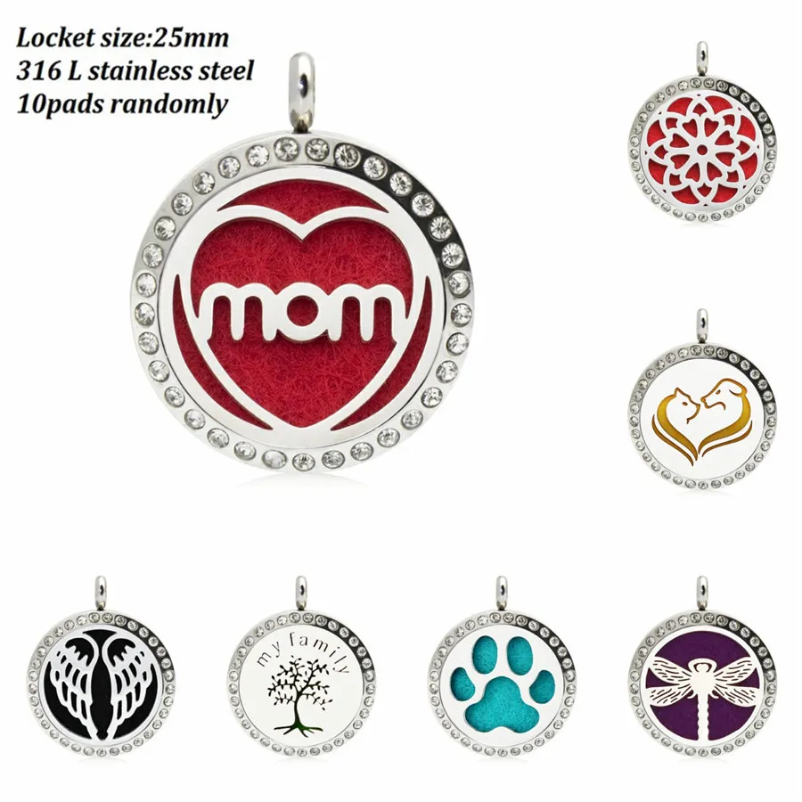

Bling mom wing 25mm Locket Perfume Diffuser Stainless Steel Essential Oil Perfume locket pendant fit necklace 10 pad no chain
