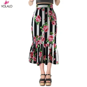 

VOLALO Elegant Runway Summer Mermaid Skirts Women's Charming Striped Rose Flower Print Slim Half Skirt