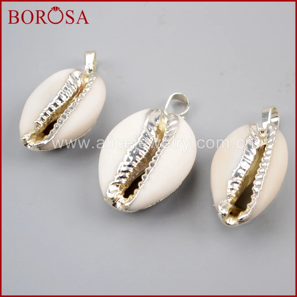 

BOROSA 10PCS Stylish Silver Color Natural Cowrie Shell Pendant Beads Gems Pendant for Necklace Women Druzy Jewelry G1522-1