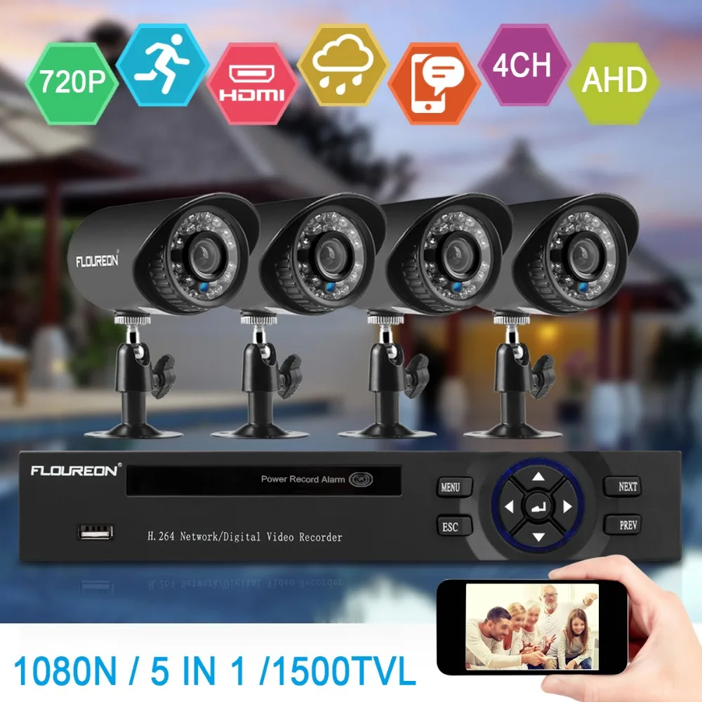 Камера видеонаблюдения FLOUREON 4CH 1080N 5 в 1 HDMI AHD TVI DVR 4 шт. 1500TVL инфракрасная камера