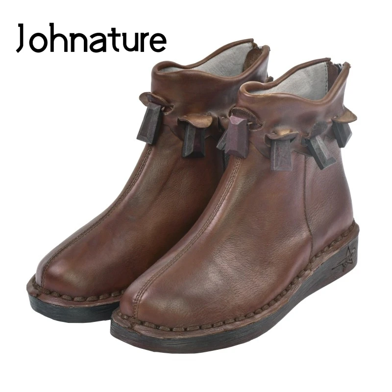 

Johnature New 2019 Winter Genuine Leather Martin Boots Round Toe Casual Retro Rivet Sewing Slip-on Flat With Women Shoes