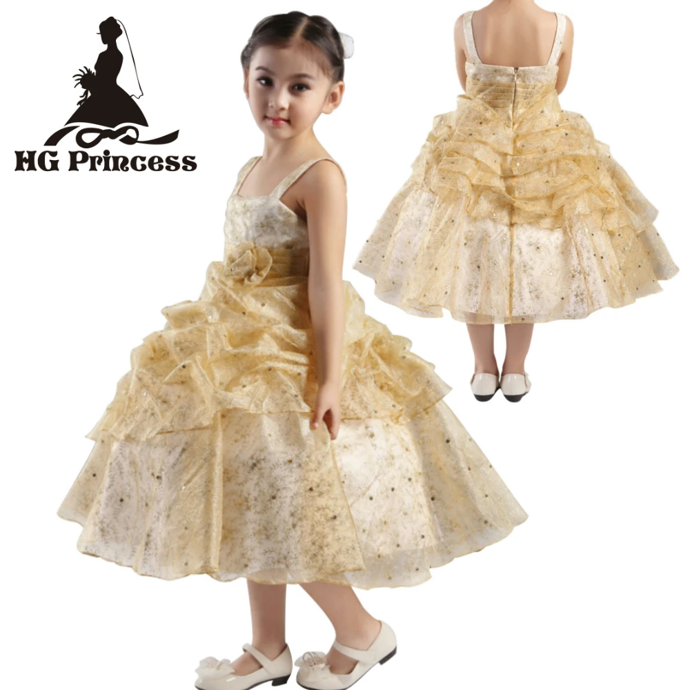 

Free Shipping 2-8 Years Child Party Dress 2018 New Arrival Kids Evening Gowns Mid Calf Red Gold Flower Girl Dresses For Weddings