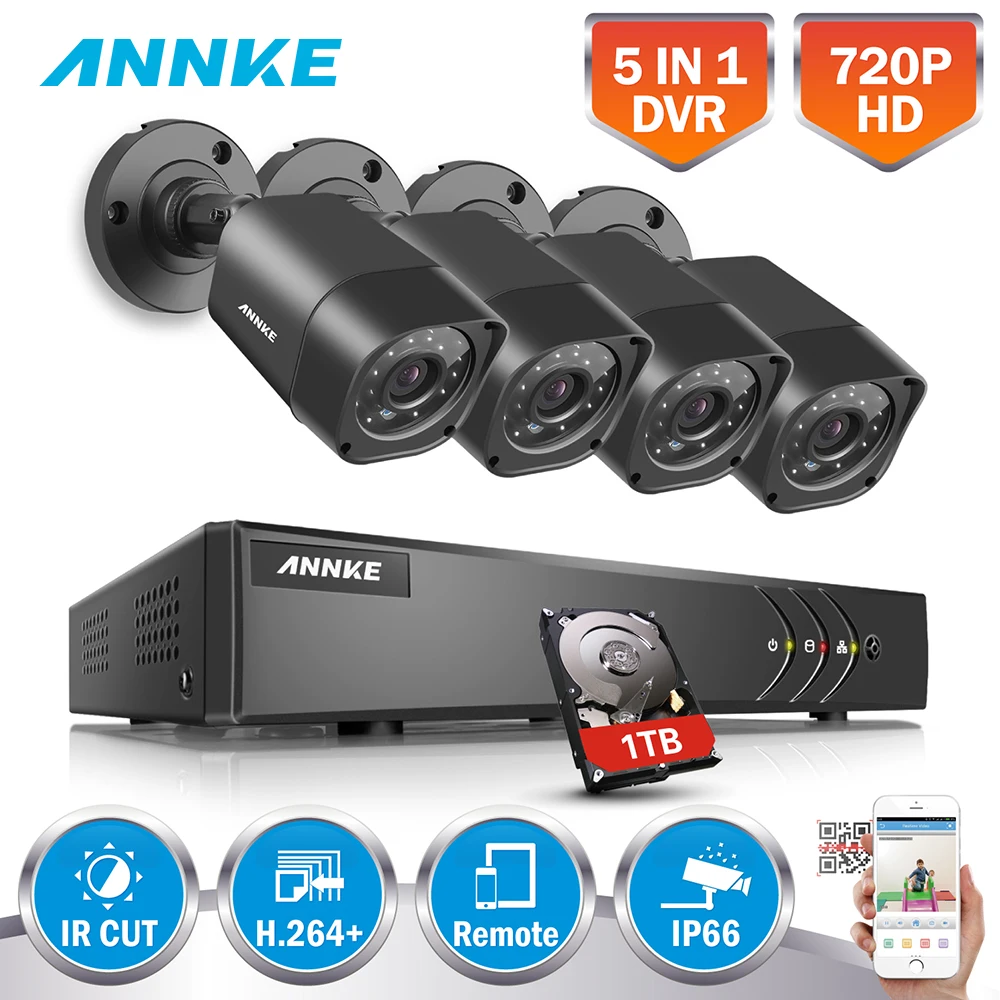 

ANNKE 4CH 5in1 720P HDMI DVR CCTV Security System 4PCS 1200TVL 1MP Outdoor Bullet Weatherproof Camera Surveillance System Kits