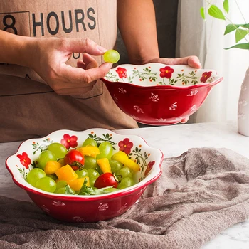 

Salad Bowl Hand-painted Ware Dessert Dishes Containers Wave Edge Underglaze Bowls Flower Dinnerware Lacing Kitchen Utensils 1pcs