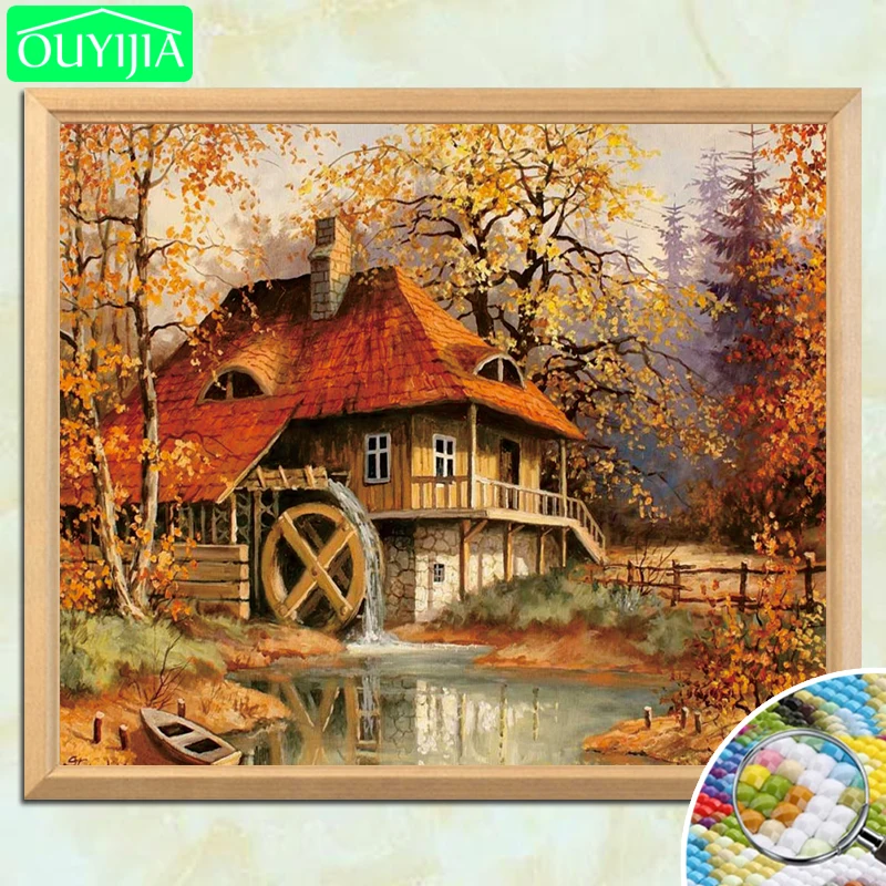 OUYIJIA Stream Hut in Woodland 5D DIY Diamond Painting Full Square