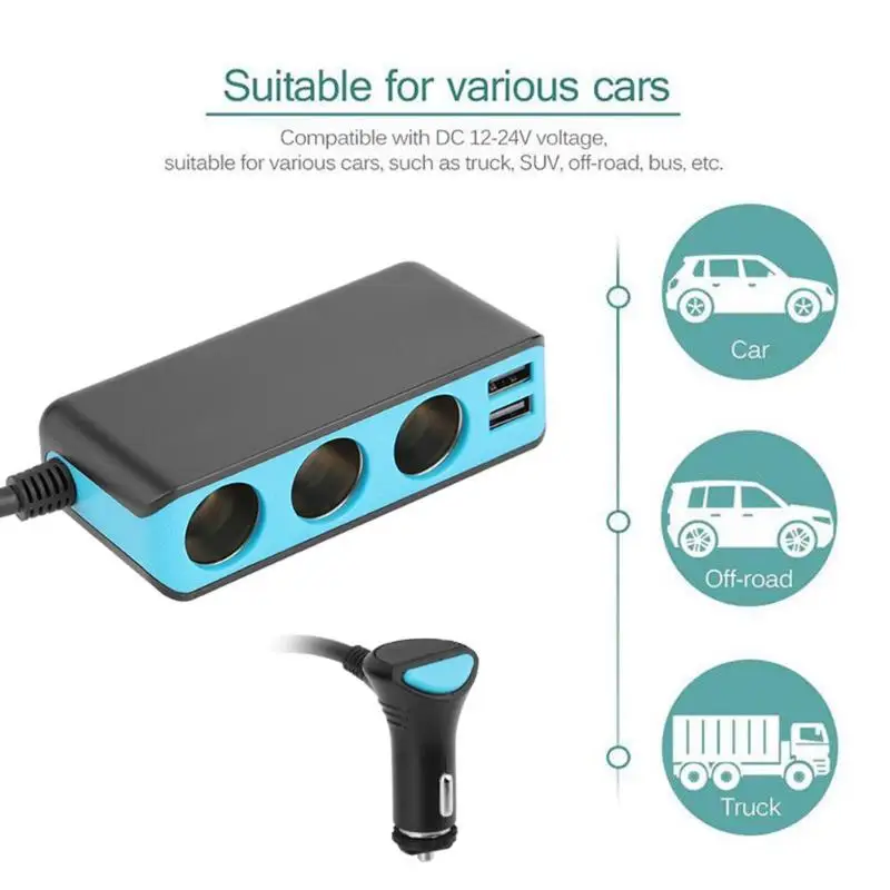 3 сторонний выход розетка для автомобильного прикуривателя Разветвитель + 2USB