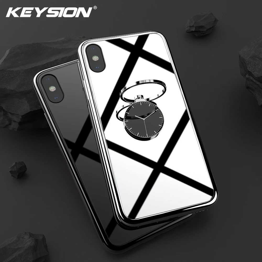 

KEYSION Tempered Glass Phone Case for iPhone Xs Max XR Plating shining TPU Back cover for iPhone XS X XR With Clock Finger Ring
