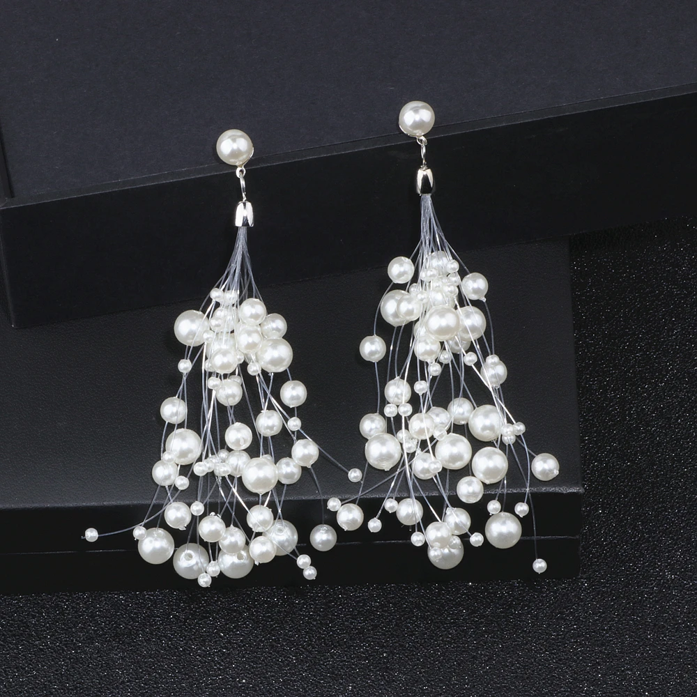 

2018 New Trendy Simulated Pearls Long Tassel Earrings For Women Elegant Dangle Drop Earrings Brincos Wedding Party Jewelry WX096