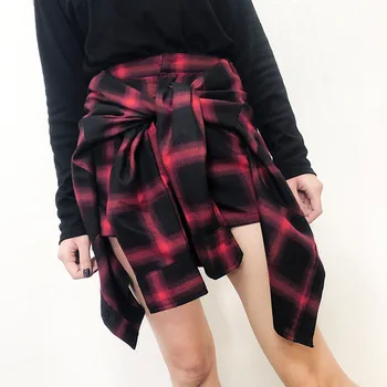 

New 19 spring fashion show tall waist with A word skirt joker plaid false two divided skirts