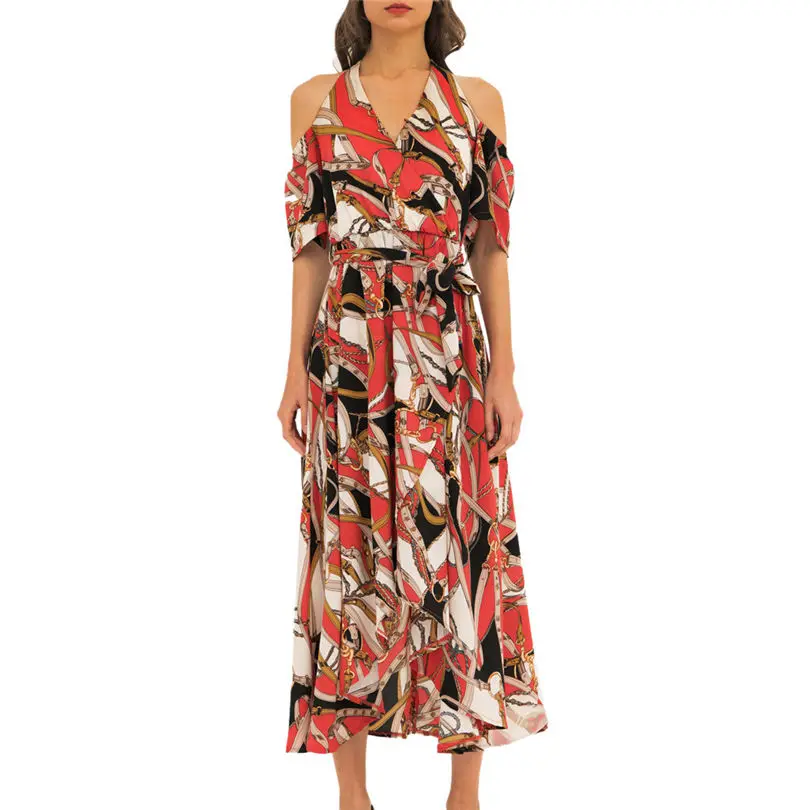  New Fashion Women Summer Lady Elegant Sexy Neck-Tied Bohemian Holiday Dress Chain Flower Casual Daily Beach Long Dress #4F09 (14)