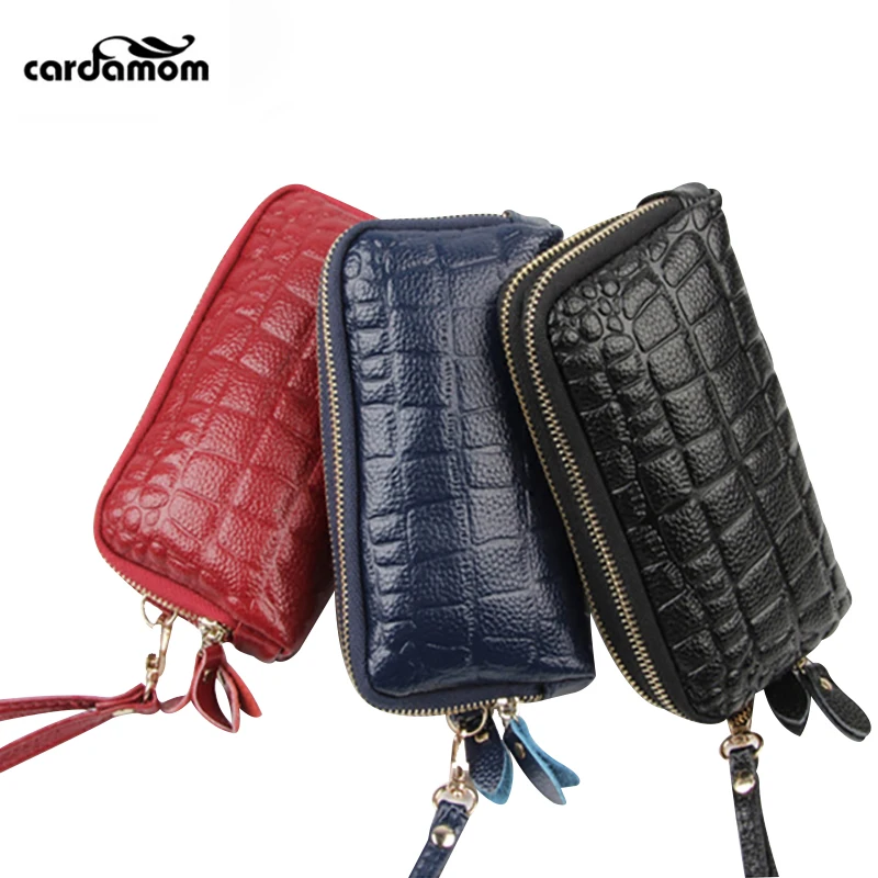 

Cardamom Genuine Leather Women Coin Purses Solid Double Zipper Wallet Large Capacity Cowhide Coin Purse Phone Bag