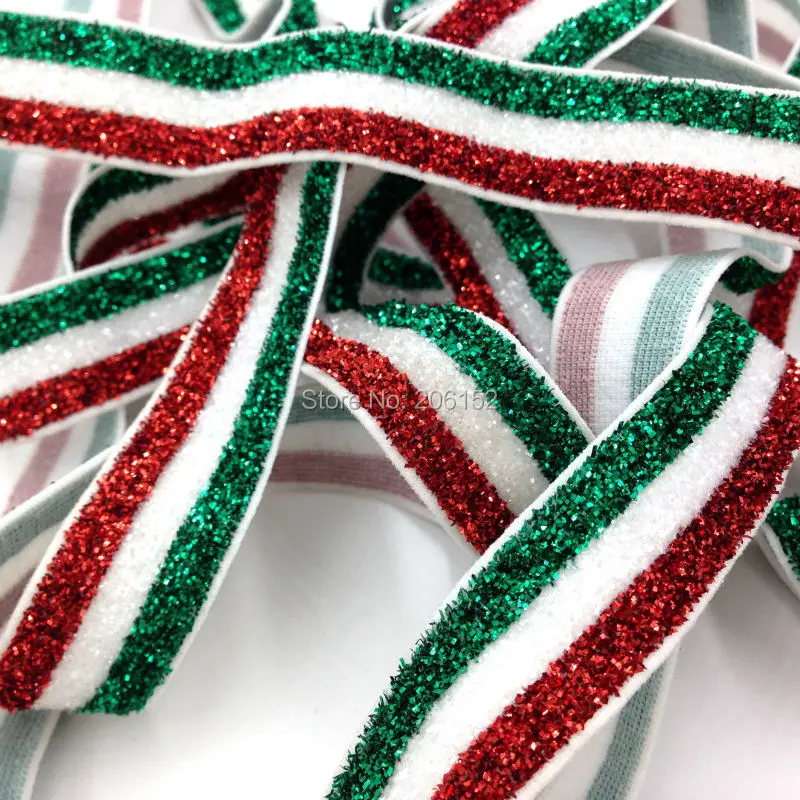 

Good Quality 5/8" Glitter Elastic Red White Green Glitter Elastic Ribbon Christmas FOE for DIY Headwear Hair Accessories 5 yards