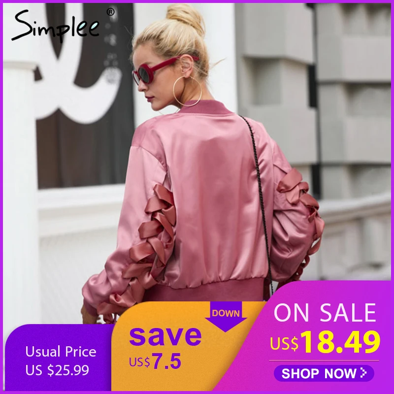 Simplee Basic army green bomber jacket coat women Satin lace up pocket biker jacket outerwear Autumn winter casual streetwear
