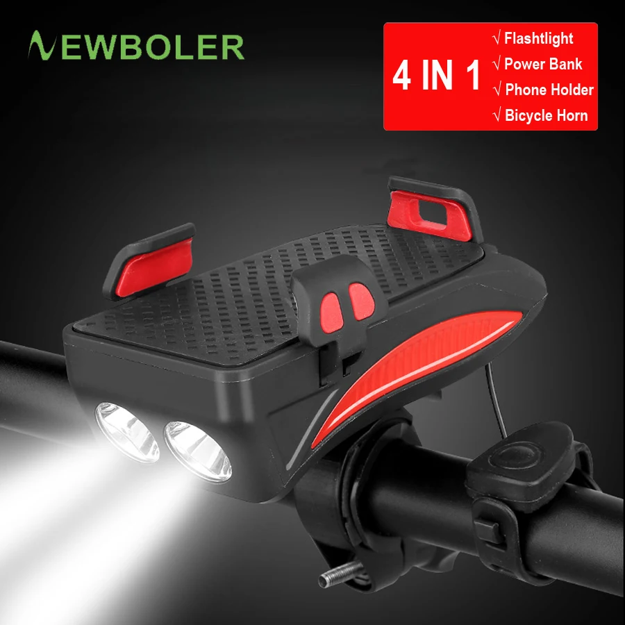 

NEWBOLER 4 in 1 Bicycle Light Power Bank 4000mAh Flashlight Bike Horn Alarm Bell Phone Holder Bike Accessories Cycle Front Light