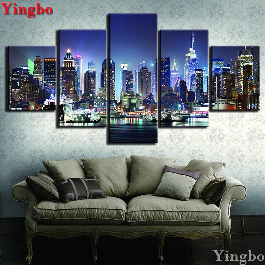 5 pcs set Full square round Diamond Painting Modern city night view 3d diy Cross Stitch Embroidery sale Mosaic stickers | Дом и сад