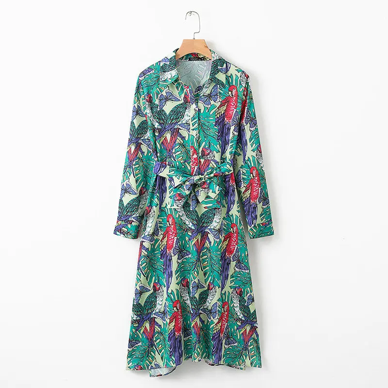 

Women Bohemian Dress Tropical Chic Print Long Sleeve Shirt Collar Satin Pleated Dresses Female Robe Summer Party Sundress