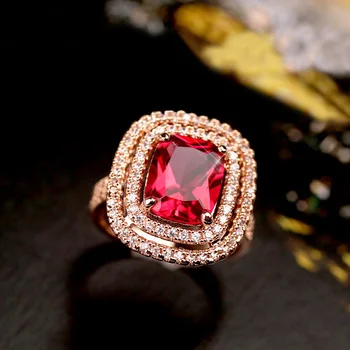 

Brilliant Amazing Big Orange Champagne color Stone Ring Square Red Crystal Pave Setting Rose Gold Color Women Jewelry