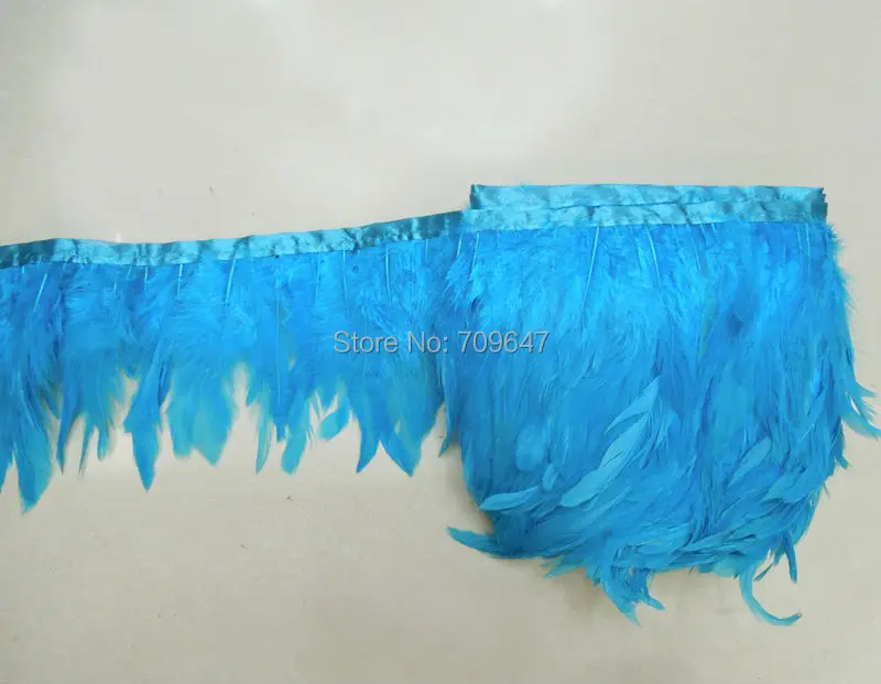 

Turquoise Rooster feathers sewn on fringe/ribbon/trim,10yards/lot,4-6inches 10-15cm long,feather trim for craft/clothing