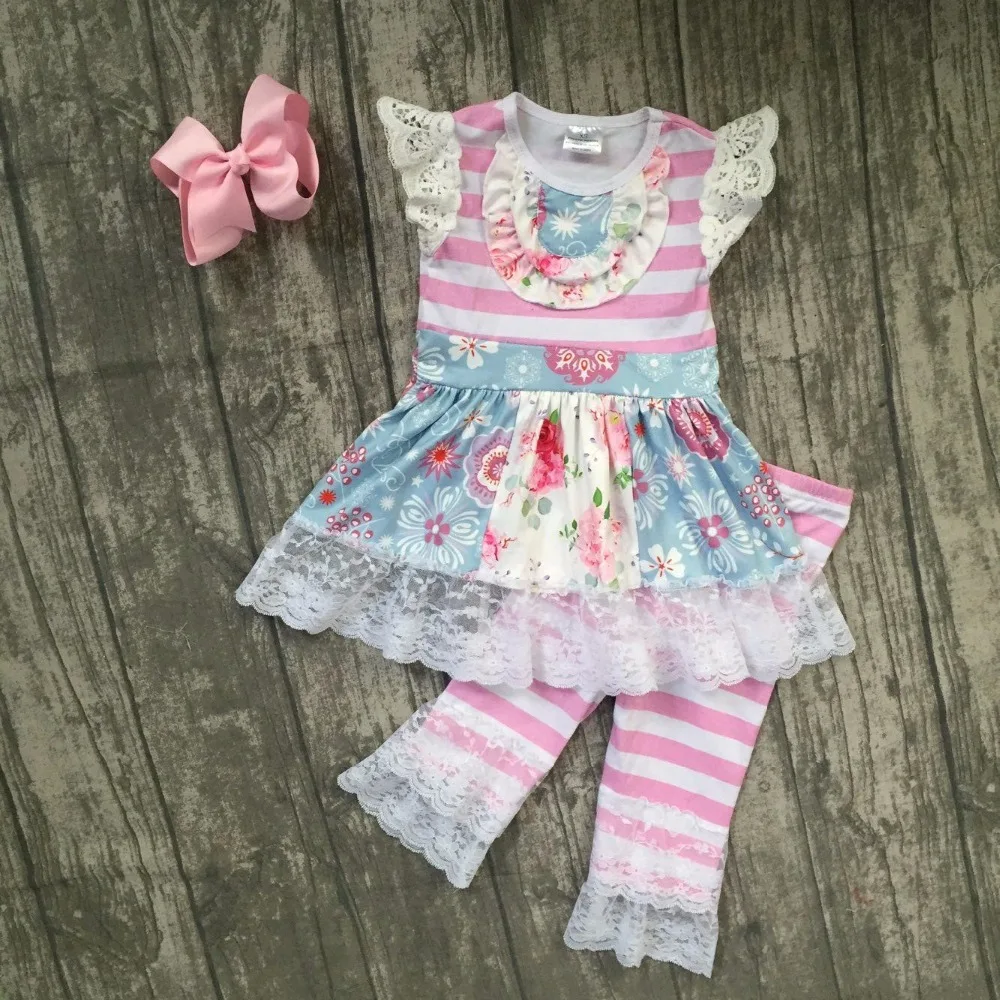 baby girls summer floral outfits kids floral top with stripes ruffle capris clothes girls summer lace ruffle clothes with bows ruffle trim crop floral wrap top