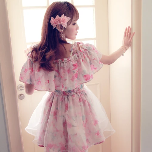 

Princess sweet lolita dress BoBON21 Original design A flower girl holiday style Lotus leaf printing flower chiffon dress D1229
