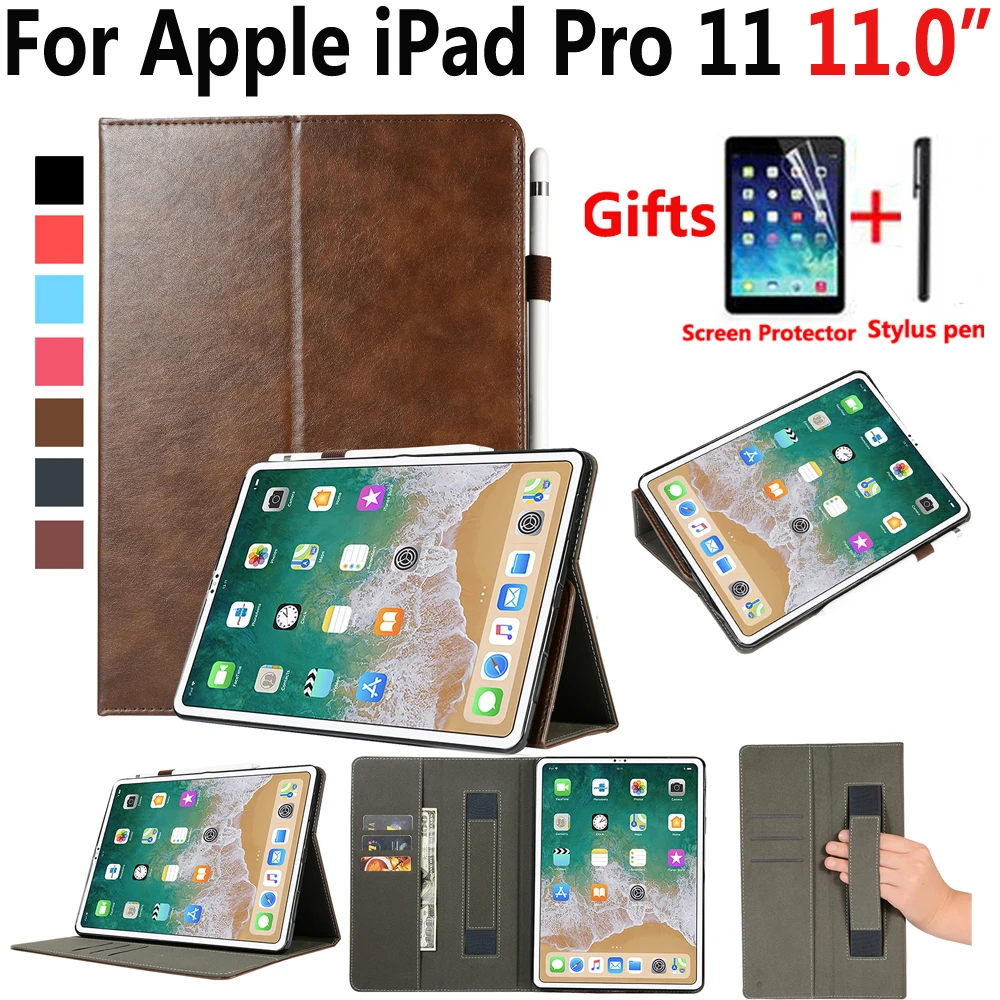 Handheld Premium Leather Case for Apple iPad Pro 11 2018 Cover Auto Wake Smart with Screen Protector Film | Компьютеры и офис