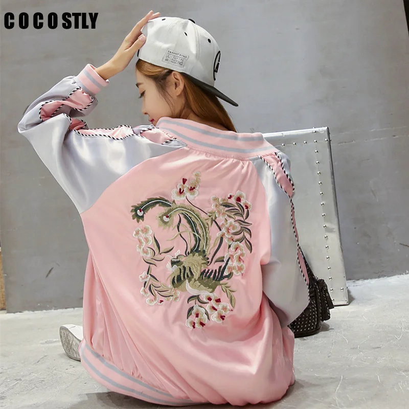 Bomber jacket women Basic Coat Sukajan Floral Embroidery Loose Baseball Coat Jacket Hip Hop Baseball Jacket