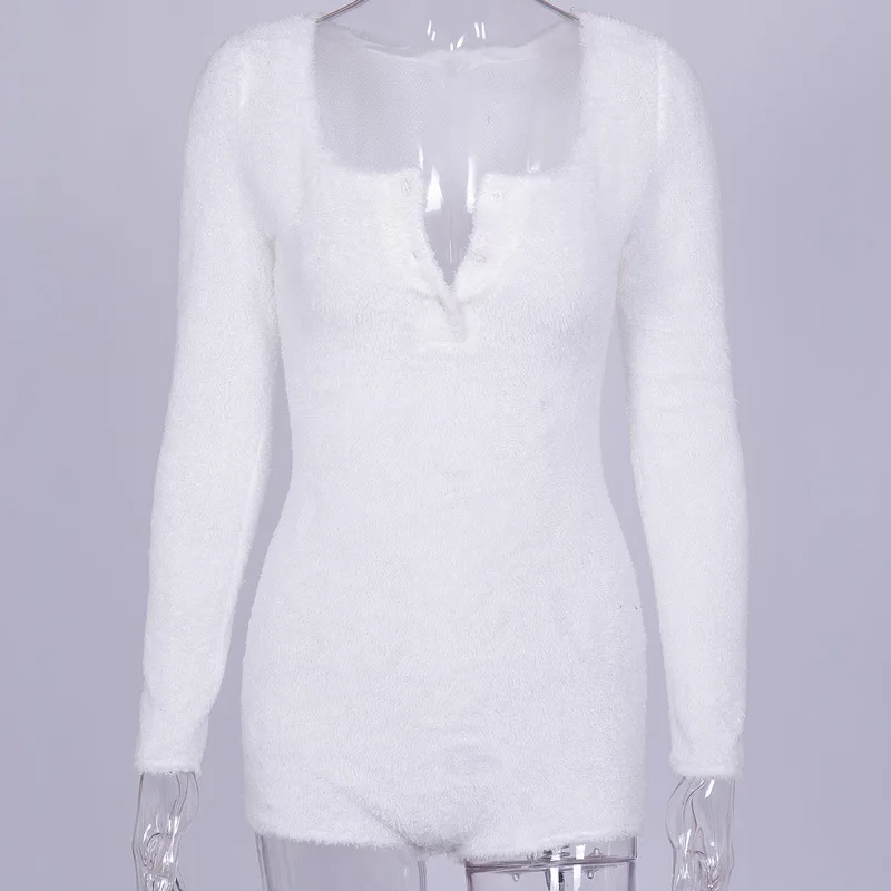 CamKemsey женские осенние зимние боди Новая мода кнопки глубокий v-образный вырез Белый плюш пушистый длинный рукав бодикон боди