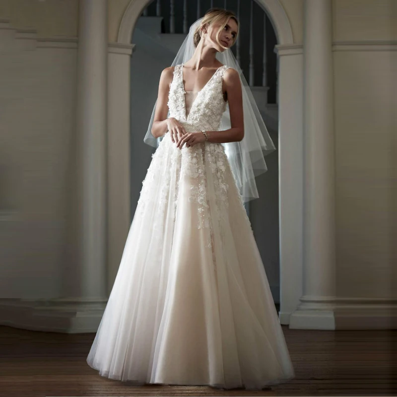 

Charming Blush Pink Appliques Flowers Soft Tulle Sleeveless A-line Wedding Dress Vestido de Casamento Bride Formal Maxi Gown