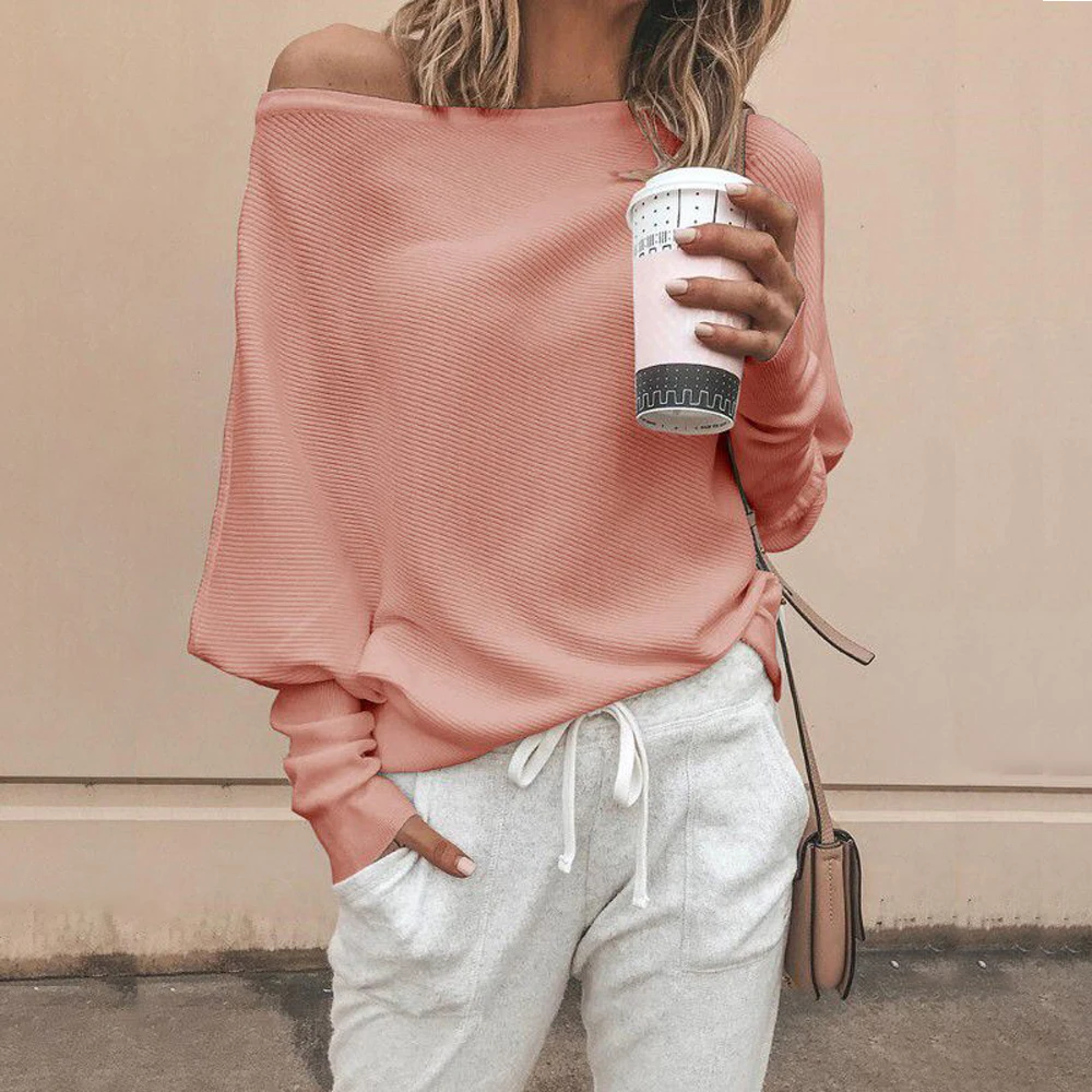 

Christmas Sweater Winter Women Knitted Sweater Pullover Slash Neck Sweater Fashion Sexy Casual Bat Long Sleeve Autumn Clothes