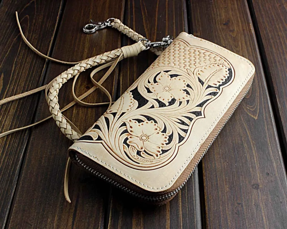 

Mens Vintage Carved Flower Genuine Leather Motorcycle Biker Wallet With Chain