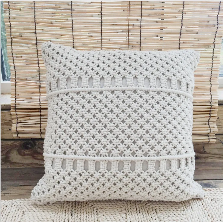 Beige Macrame Hand-woven Cotton Thread Pillow Cover 45x45cm Geometric Bohemia Home Decoration