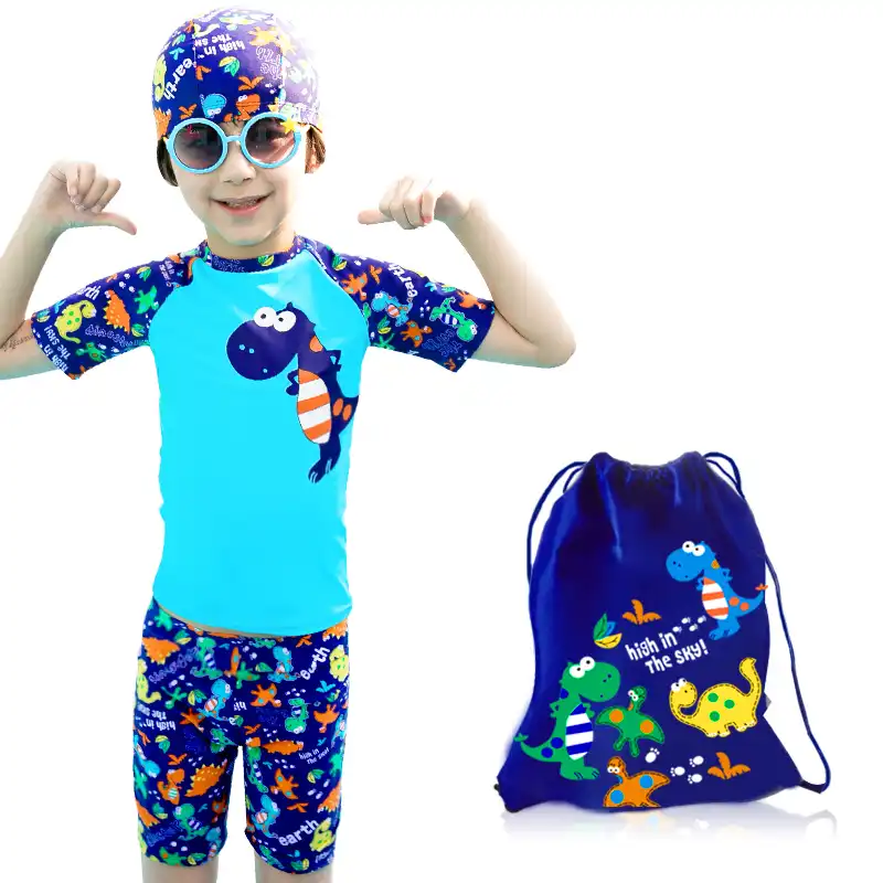 7 year old boy wearing uv protective swimwear