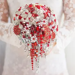 Красный Серебристый брошь букет высокого класса пользовательских свадебные свадебные букеты кристалл алмаза слеза стиль Невесты Букет