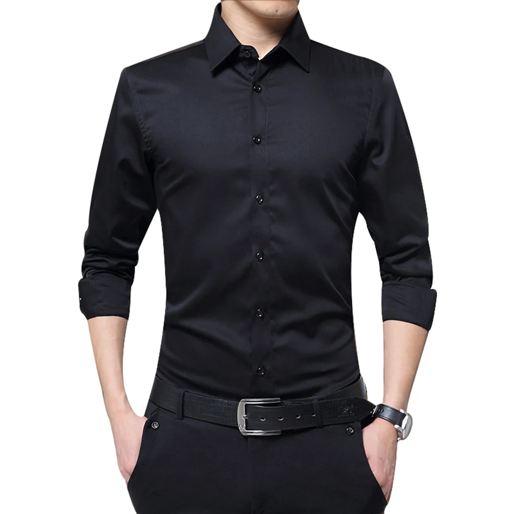 Новинка, Брендовые мужские осенние Рубашки с длинным рукавом, облегающие, одноцветные, с отложным воротником, смокинг, рубашки, деловые, официальные, мужские рубашки, большой размер 3XL - Цвет: black
