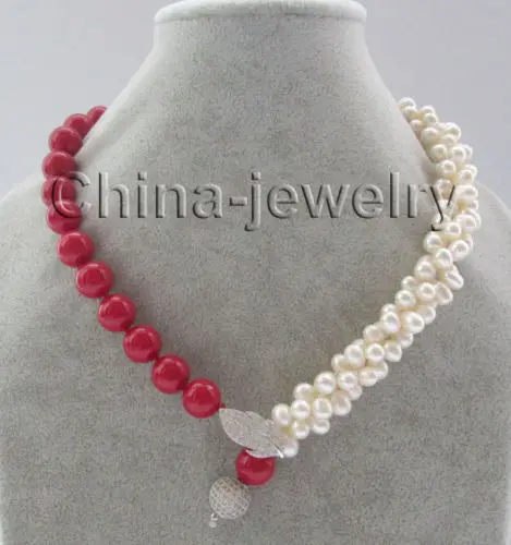 

FREE SHIPPING ******* 18" 3row 7-8mm white freshwater pearl &12mm red south sea shell pearl necklace