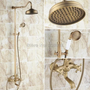 

Antique Brass Wall Mounted Bathroom Rain Shower Faucet Set with 8 inch Shower Head & Dual Cross Handles Bathtub Mixer Tap Wrs104