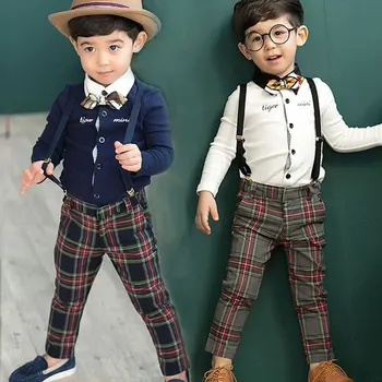 

New Boys and Girls Spring and Autumn Long Sleeved Gown Dress Bow Tie Plaid Pants Suit