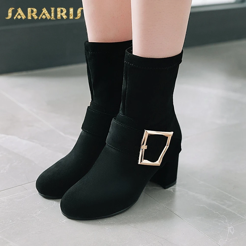 

SARAIRIS 2018 Plus Size 31-43 Chunky Heels Hot Sale Shoes Woman Boots Slip On Autumn Winter Mid Calf Boots Woman Shoes