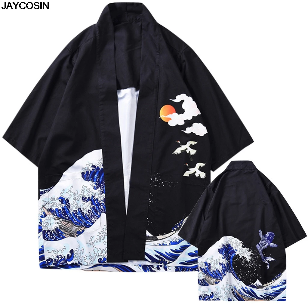 

KLV Kimono mens Linen Blouses summer Crane Fashion Individuality Printing Tops Fits Blouses Kimono Clothing Mujer Cardigan 9418