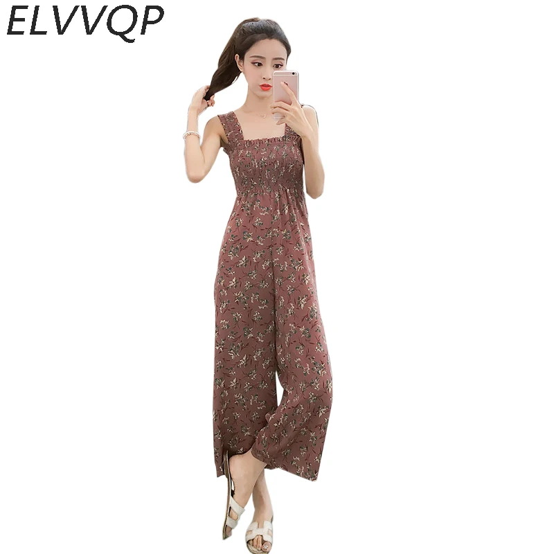 rompers women overall cute printed Chiffon jumpsuit sashes sleeveless