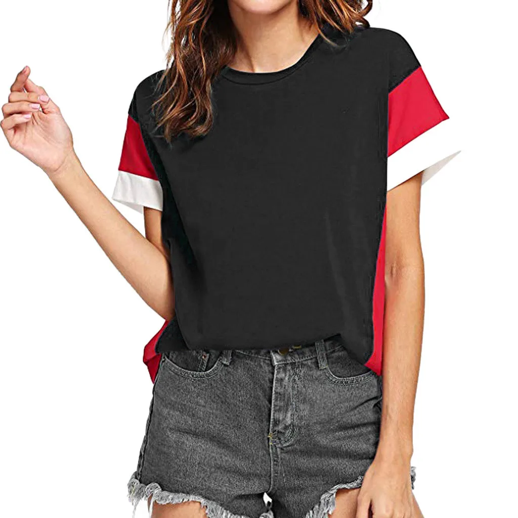 Womens Summer T Shirt Fashion Women's Color Block Short Sleeve Casual
