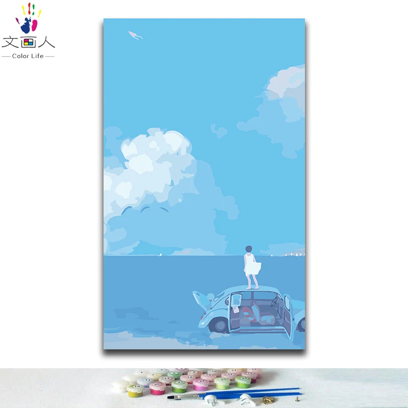 

Coloring paintings by numbers Anime girl distance sky sea car pictures painting by numbers with kits colors on canvas dr